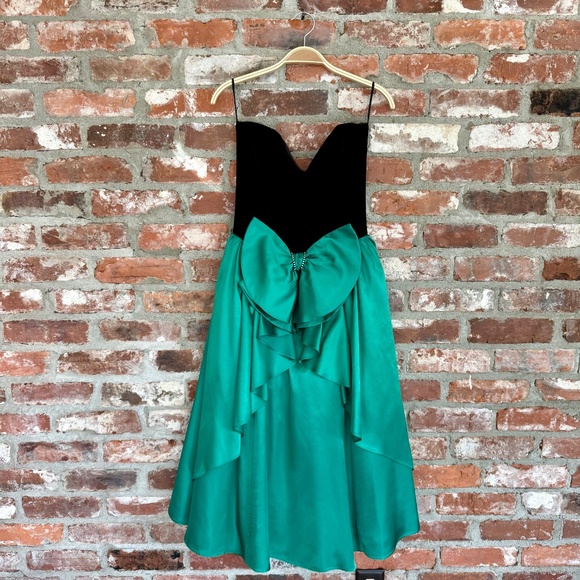 Vintage‎ 80s Gunne Sax Green Satin Black Velvet Bow Cocktail Dress Size 11 - Picture 1 of 8